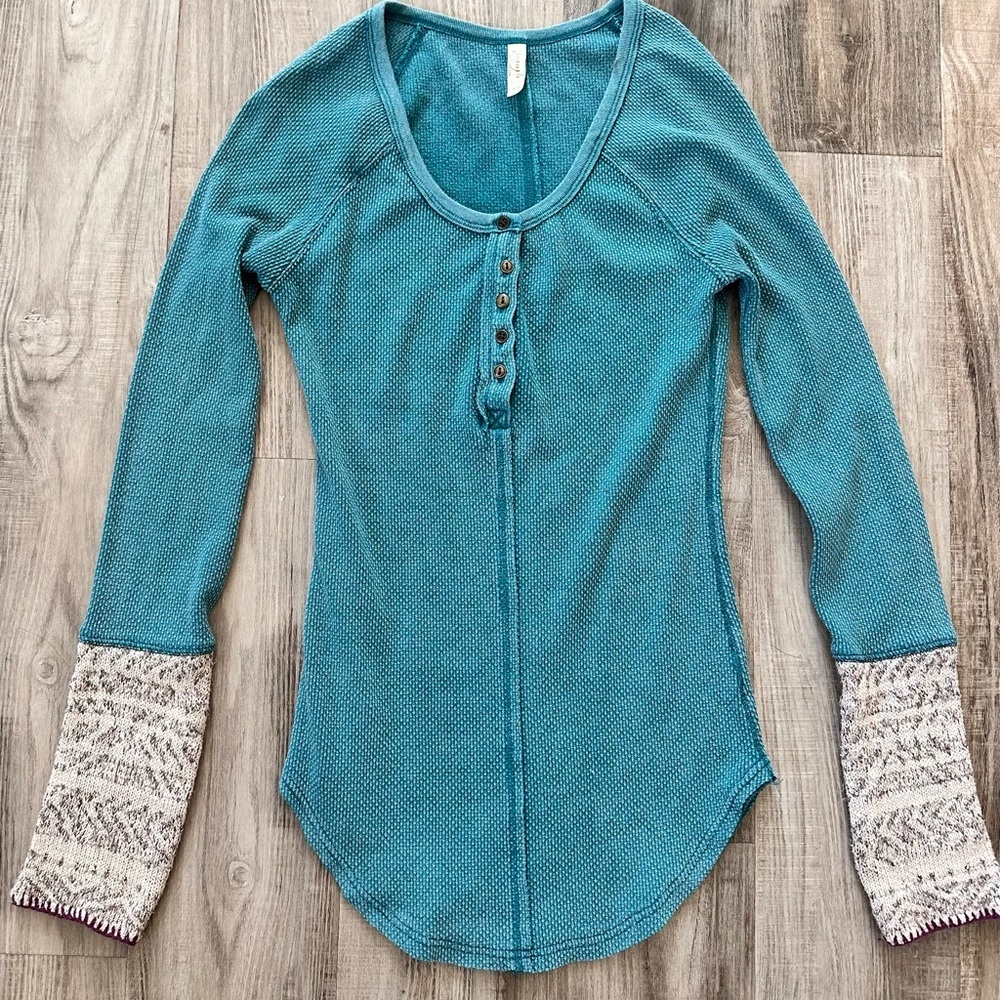 Free People Dolman Sleeve Henley Thermal Blue Button Scoop Neck Long Sleeve S